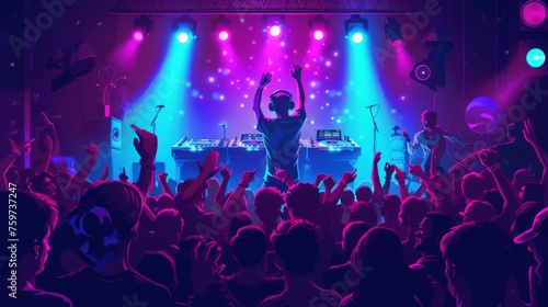 Vibrant illustration of a DJ rocking the turntables with a lively crowd dancing to the beats