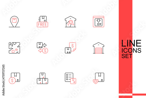 Set line Delivery security with shield, Verification of delivery list, Carton cardboard box, Warehouse, Waybill, Tax and Broken icon. Vector