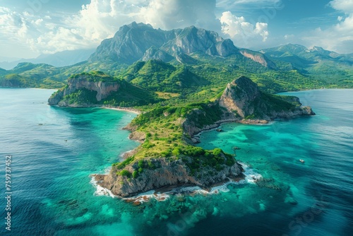A stunning image capturing the serene beauty of a tropical landscape with mountains surrounding the calm sea