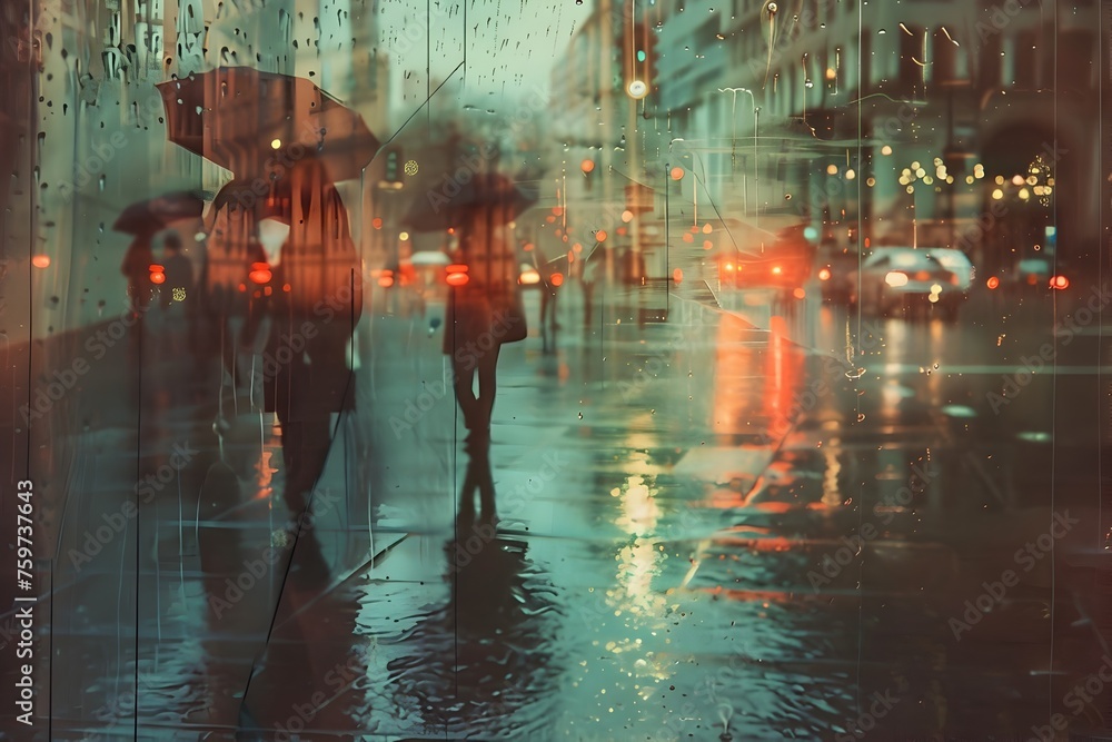 Rain-Kissed City Life: A Vintage Film Perspective of People Strolling Under Umbrellas with Reflections on Wet Pavement and City Lights
