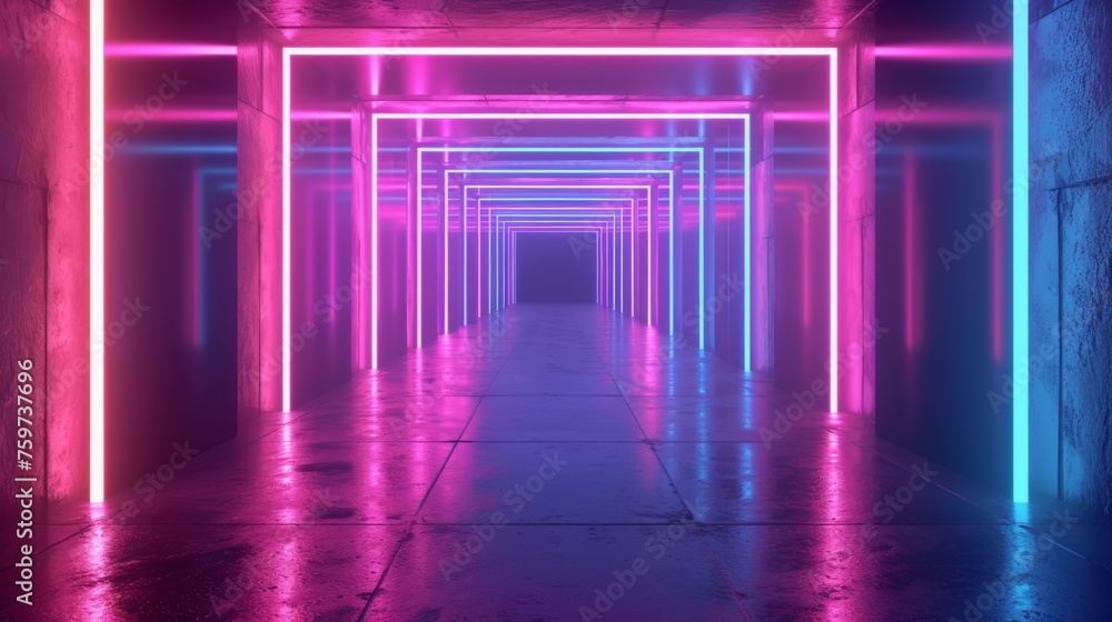 A long perspective view of a corridor lit with neon in pink and blue hues, creating a mesmerizing effect