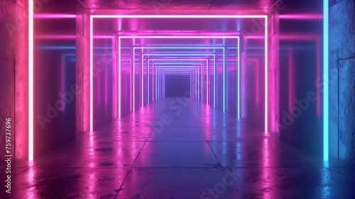 A long perspective view of a corridor lit with neon in pink and blue hues, creating a mesmerizing effect