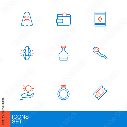 Set line Circus ticket, Magic stone ring, Ball levitating above hand, staff, Bottle with potion, carpet and Wallet icon. Vector