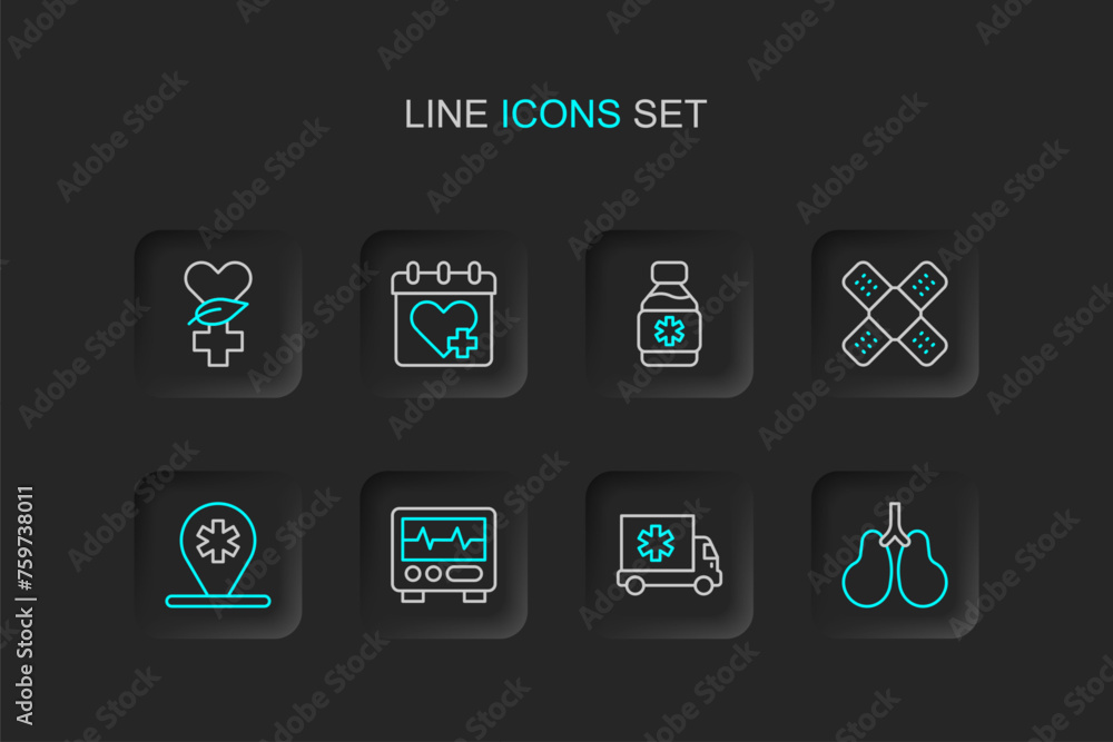 Set line Lungs, Ambulance car, Monitor with cardiogram, Location hospital, Crossed bandage plaster, Bottle of medicine syrup, Doctor appointment and Ethnoscience icon. Vector Set line Lungs, Ambulance car, Monitor with cardiogram, Location hospital, Crossed bandage plaster, Bottle of medicine syrup, Doctor appointment and Ethnoscience icon. Vector