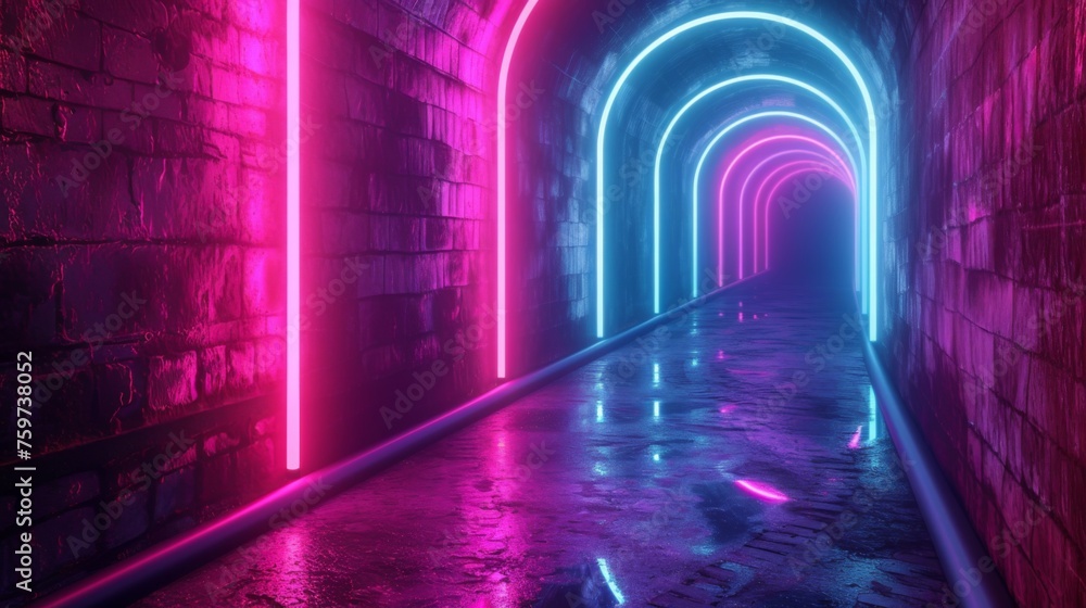 A surreal depiction of a neon-lit tunnel with concentric arches in blue and magenta