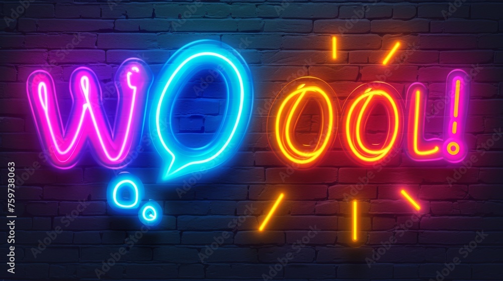 An energetic image showcasing a bright and colorful neon sign spelling out Woo! against a rustic brick wall background, full of life and excitement An energetic image showcasing a bright and colorful neon sign spelling out Woo! against a rustic brick wall background, full of life and excitement