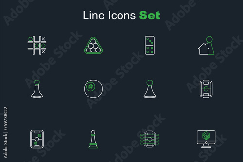 Set line Game dice, Table football, Chess, Air hockey table, Chip for board game, Billiard pool snooker and pawn icon. Vector