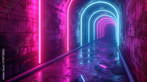 A surreal depiction of a neon-lit tunnel with concentric arches in blue and magenta © Nicholas