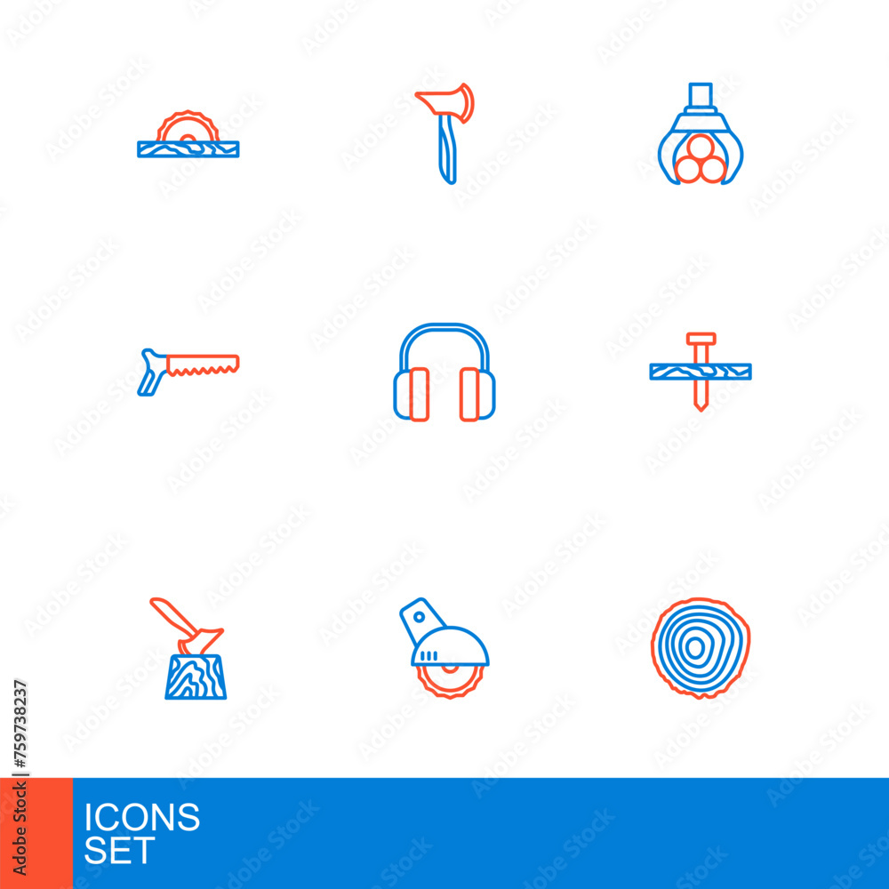 Set line Tree rings, Electric circular saw, Wooden axe stump, Metallic nail, Hand, Headphones, Grapple crane grabbed log and icon. Vector Set line Tree rings, Electric circular saw, Wooden axe stump, Metallic nail, Hand, Headphones, Grapple crane grabbed log and icon. Vector