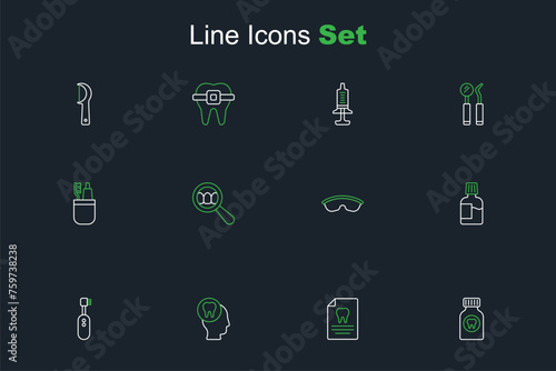 Set line Toothache painkiller tablet, Clipboard with dental card, Electric toothbrush, Mouthwash, Safety goggle glasses, Dental search and Toothbrush and toothpaste icon. Vector © Iryna