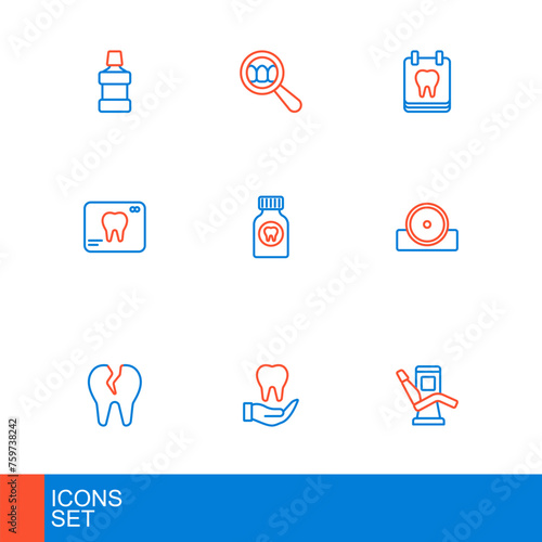 Set line Medical dental chair, Tooth, Broken tooth, Otolaryngological head reflector, X-ray of, Toothache painkiller tablet, Calendar with and Dental search icon. Vector
