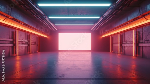 Architectural visualization of a modern futuristic corridor illuminated by a striking pink light at the end  evoking a sense of discovery