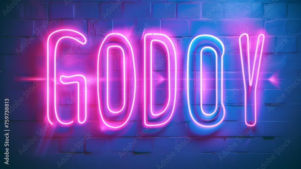 A striking neon sign with the word 'GODOY' glowing against a textured brick wall, illuminating the background with bright colors A striking neon sign with the word 'GODOY' glowing against a textured brick wall, illuminating the background with bright colors