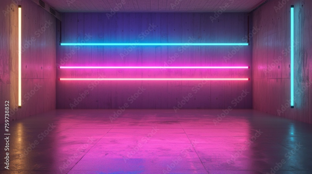 Softly glowing neon lights arranged in horizontal lines create an inviting and contemporary ambiance within a normally stark room - obrazy, fototapety, plakaty 