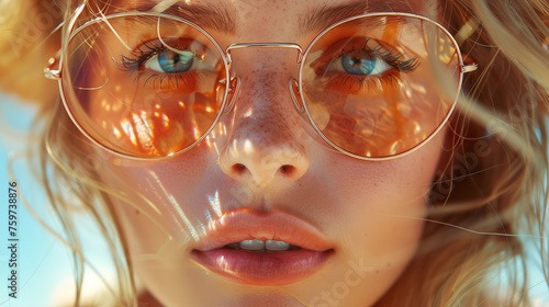 Sunlight falls on the face of a woman with glasses