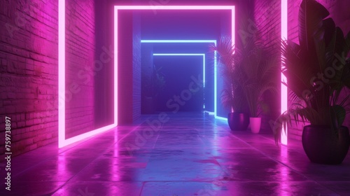 An empty corridor with bright neon lighting leading to an open space, lined with tropical indoor plants providing a blend of nature and modernism