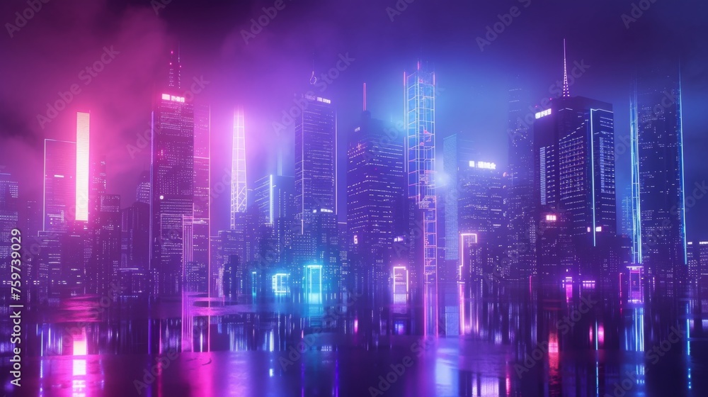 The artwork depicts a neon-lit city skyline reflecting on water, showcasing a fusion of urban life and futuristic imagination