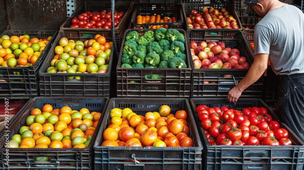 man restocks a variety of colorful fruits and vegetables at a market stand.