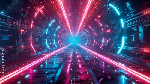 A striking sci-fi tunnel lit with neon lights draws the eye towards a bright exit, representing a path to discovery
