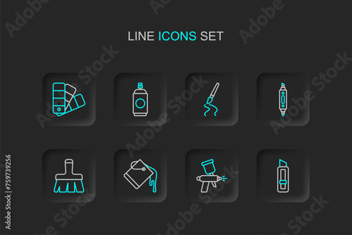 Set line Stationery knife, Paint spray gun, bucket, brush, Marker pen, can and Color palette guide icon. Vector © Iryna
