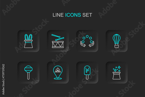 Set line Magician hat, Ice cream, Circus tent, Lollipop, Hot air balloon, Juggling, Drum with drum sticks and and rabbit ears icon. Vector