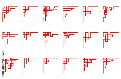 Corners set in asian style, chinese ornaments and frame designs, red japanese elements and patterns, vector