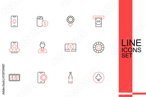 Set line Playing card with clubs symbol, Bottle of wine, Online sports betting, Slot machine jackpot, Casino chips, Stacks paper money cash, dealer and icon. Vector