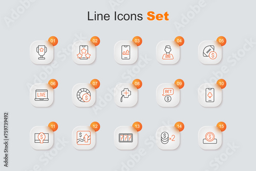 Set line Coin money with dollar, Casino chip, Slot machine jackpot, Financial growth increase, Stacks paper cash, Online poker table game, and slot clover icon. Vector