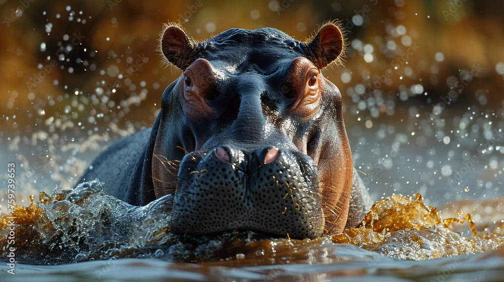 Fototapeta premium wildlife photography, authentic photo of a hippopotamus in natural habitat, taken with telephoto lenses, for relaxing animal wallpaper and more