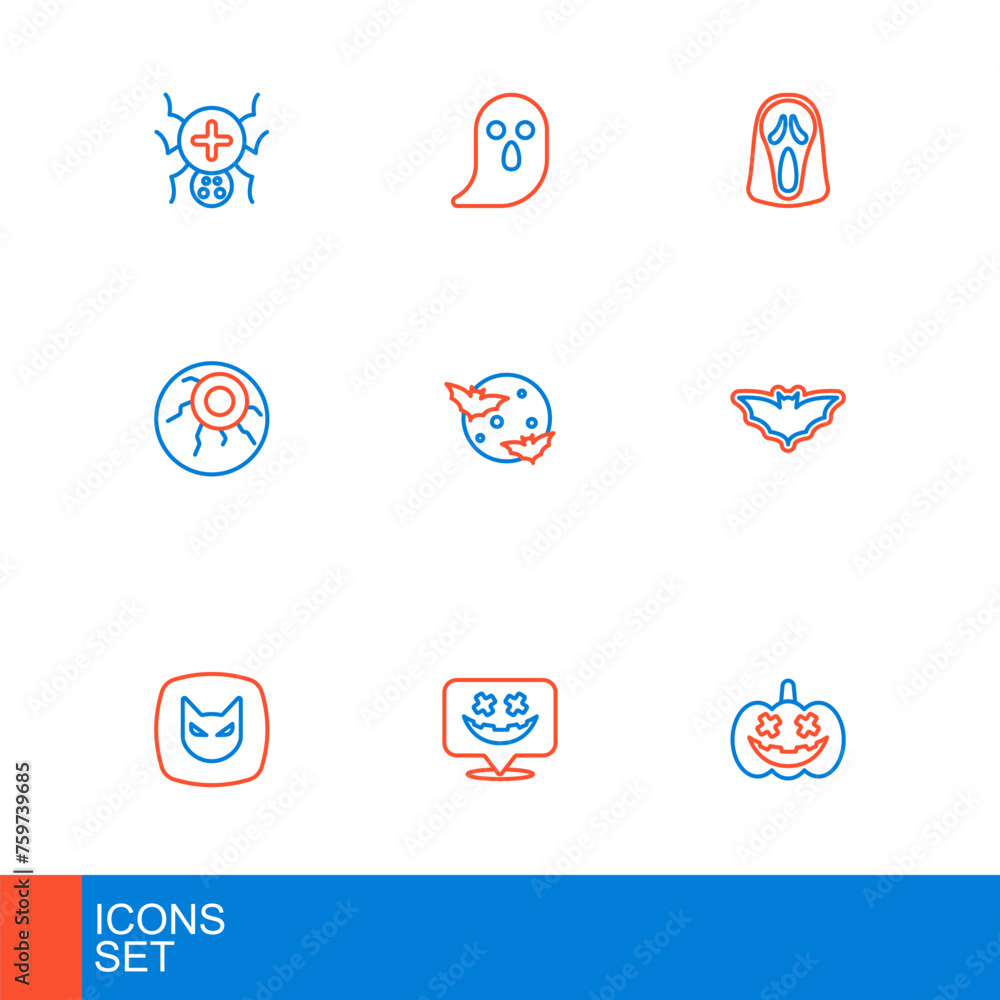 Set line Pumpkin, Happy Halloween holiday, Black cat, Flying bat, Eye, Moon and stars, Funny scary ghost mask and Ghost icon. Vector