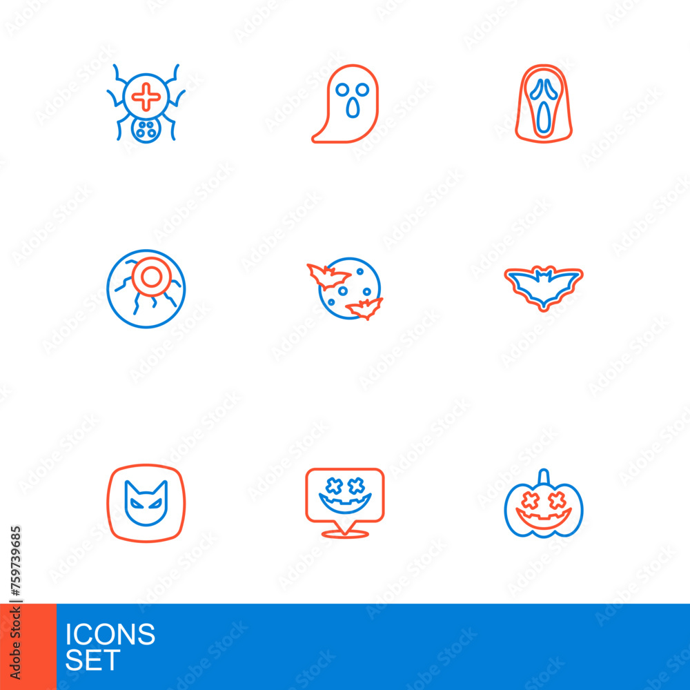Set line Pumpkin, Happy Halloween holiday, Black cat, Flying bat, Eye, Moon and stars, Funny scary ghost mask and Ghost icon. Vector Set line Pumpkin, Happy Halloween holiday, Black cat, Flying bat, Eye, Moon and stars, Funny scary ghost mask and Ghost icon. Vector