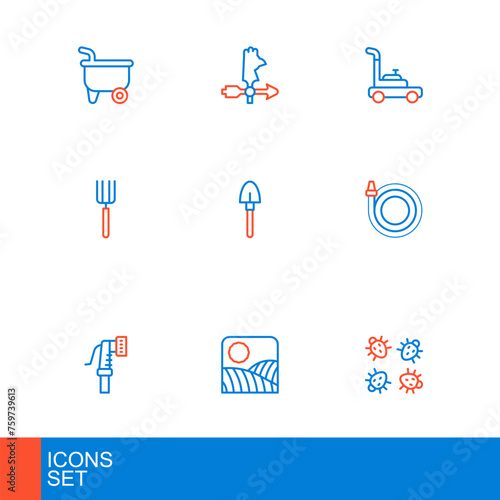 Set line Colorado beetle, Agriculture wheat field farm, Garden hose, pitchfork, Shovel, Lawn mower and Rooster weather vane icon. Vector