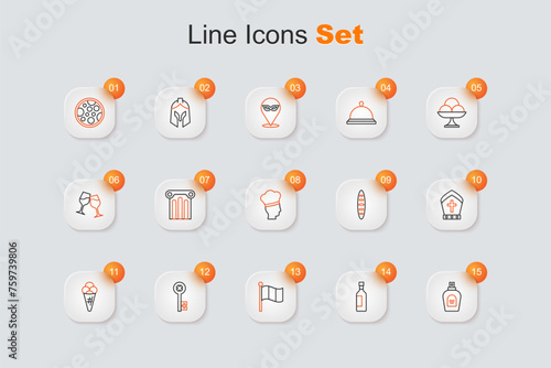 Set line Perfume, Bottle of wine, Flag Italy, Old key, Ice cream waffle, Pope hat, French baguette bread and Italian cook icon. Vector