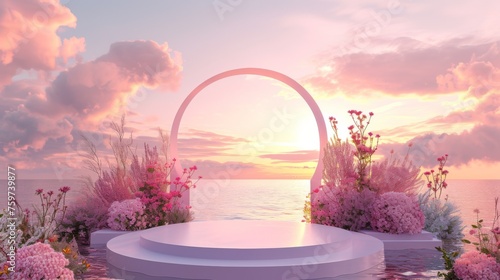 Dreamy image featuring a large floral arch and round platform against a breathtaking sunset over the ocean