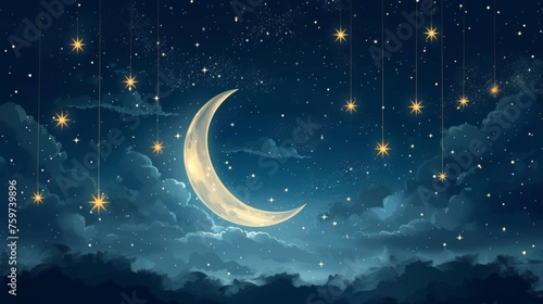 Artistic depiction of a deep blue night sky with the crescent moon and stars hanging like ornaments among clouds