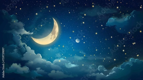 A serene night sky with a glowing crescent moon surrounded by twinkling stars and soft clouds painted in blues and yellows