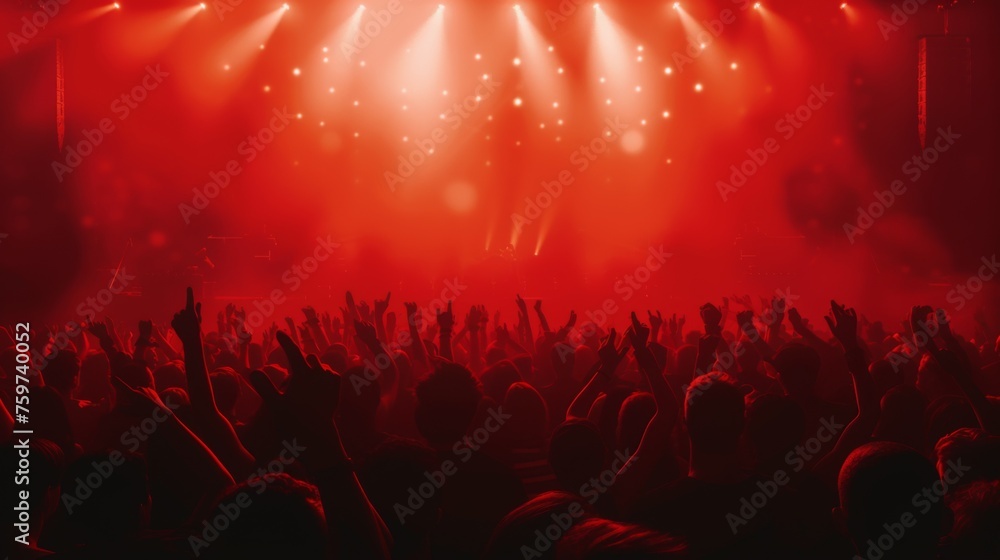 The thrills of a music concert captured with a crowd of fans cheering under intense red stage illumination