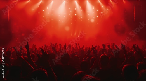 The thrills of a music concert captured with a crowd of fans cheering under intense red stage illumination