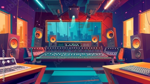 A professional music production studio that is stylishly lit with a stunning view of the city skyline through large windows