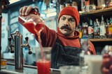 A kind mustachioed man in a red hat stands near the counter. jPomegranate juice seller street drinks