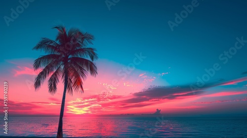 a palm tree against a colorful tropical sunset sky, offering a striking and a...