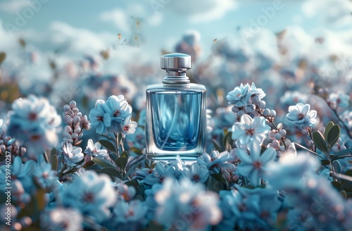 A perfume bottle placed atop a bed of flowers, creating a delicate and fragra...
