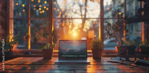 an office desk with a laptop on top of it
