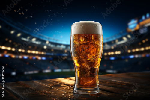 a beer glass and field are on a table in front of a stadium