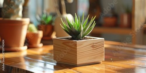 plant pots holder in the wooden box on a wooden table