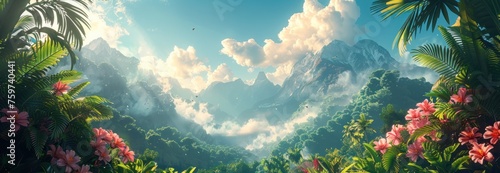 a tropical jungle scene with clouds and mountains in the background photo