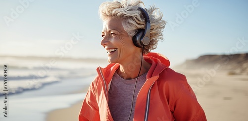a 50 plus woman is dancing with headphones on the beach