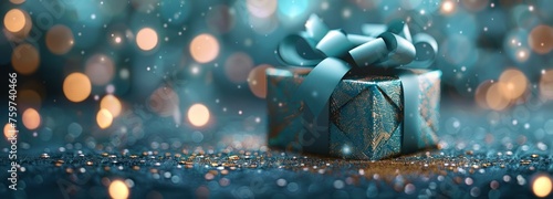 a gift box on the blue background with a blue ribbon on it
