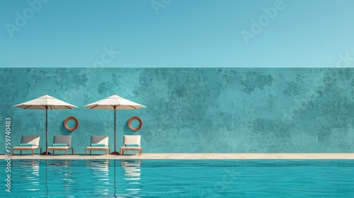 poolside area with bright blue water, lounge chairs, and umbrellas, offering ...