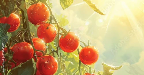 tomatoes on a vine with sunlight streaming in